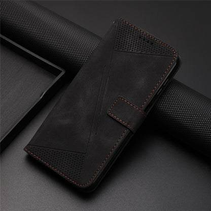 For iPhone 15 Plus Imprinted Triangle Pattern PU Leather Phone Case Stand Wallet Cover with Hand Strap