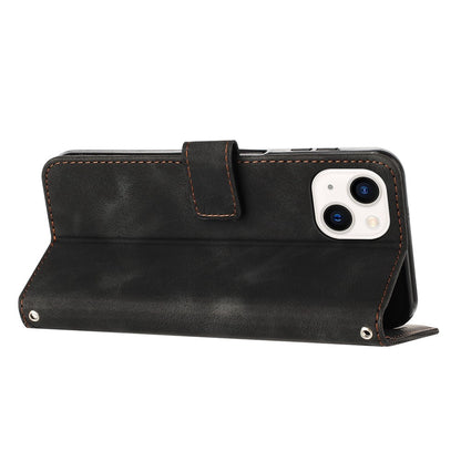 For iPhone 15 Plus Imprinted Triangle Pattern PU Leather Phone Case Stand Wallet Cover with Hand Strap