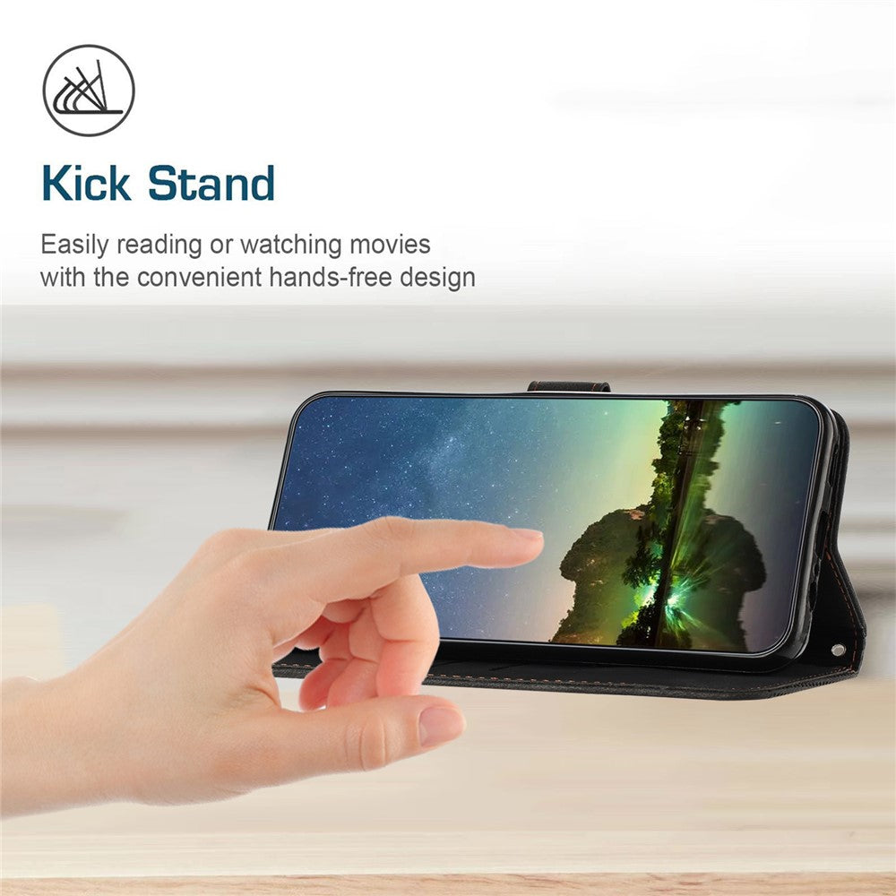For iPhone 15 Plus Imprinted Triangle Pattern PU Leather Phone Case Stand Wallet Cover with Hand Strap