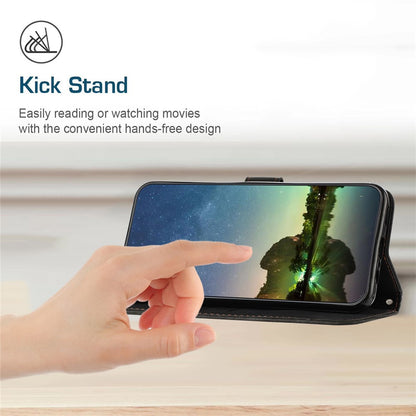 For iPhone 15 Plus Imprinted Triangle Pattern PU Leather Phone Case Stand Wallet Cover with Hand Strap