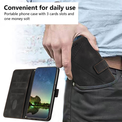 For iPhone 15 Plus Imprinted Triangle Pattern PU Leather Phone Case Stand Wallet Cover with Hand Strap