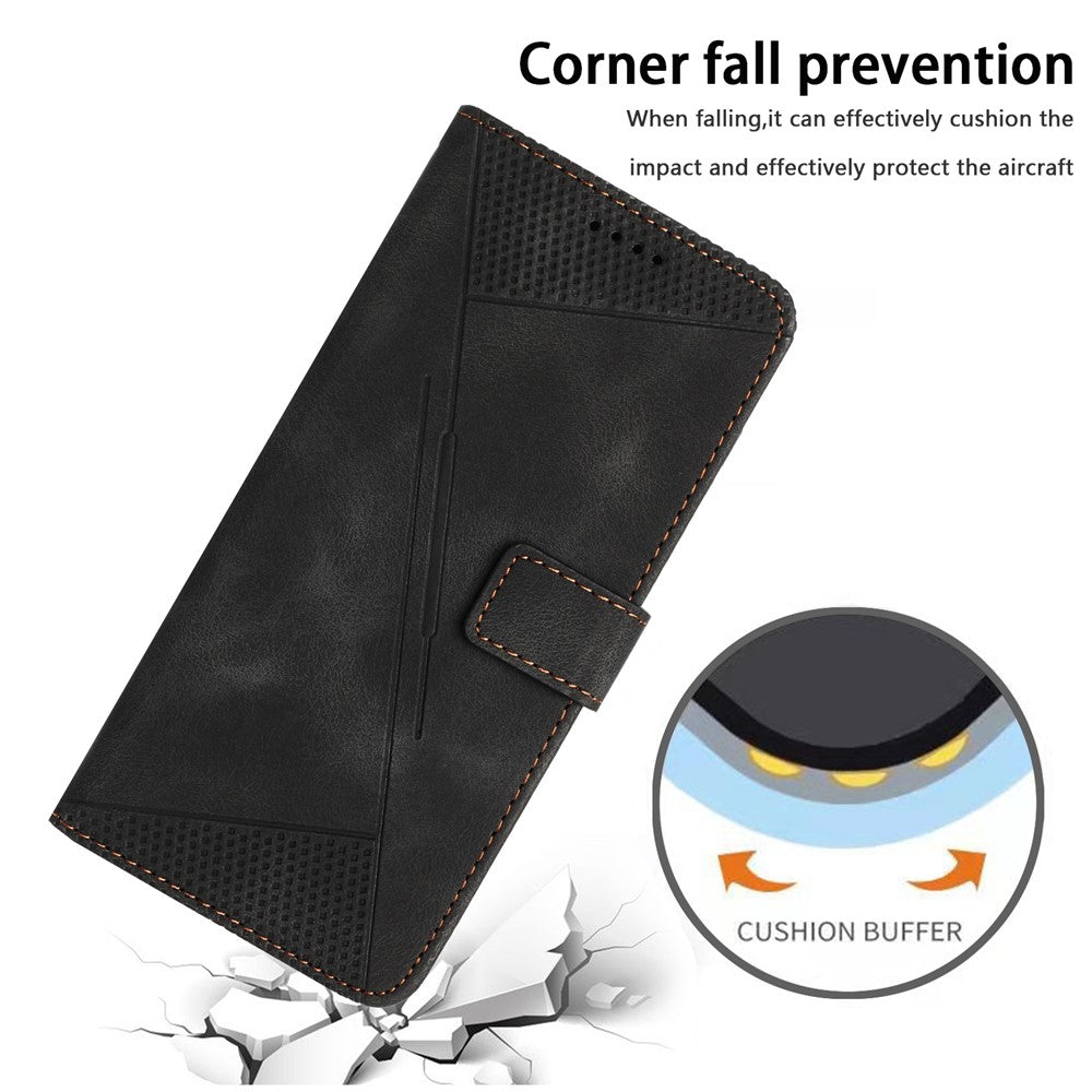 For iPhone 15 Plus Imprinted Triangle Pattern PU Leather Phone Case Stand Wallet Cover with Hand Strap