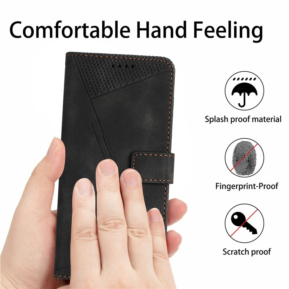For iPhone 15 Plus Imprinted Triangle Pattern PU Leather Phone Case Stand Wallet Cover with Hand Strap