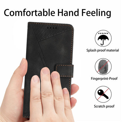 For iPhone 15 Plus Imprinted Triangle Pattern PU Leather Phone Case Stand Wallet Cover with Hand Strap