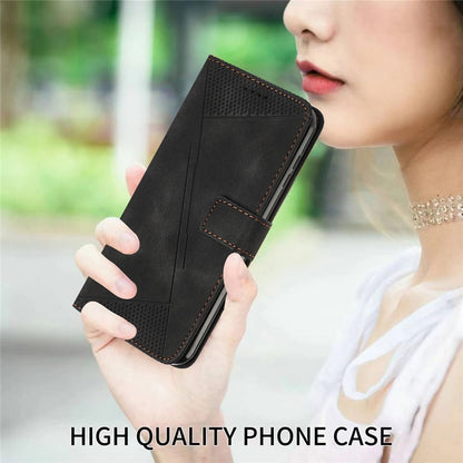 For iPhone 15 Plus Imprinted Triangle Pattern PU Leather Phone Case Stand Wallet Cover with Hand Strap