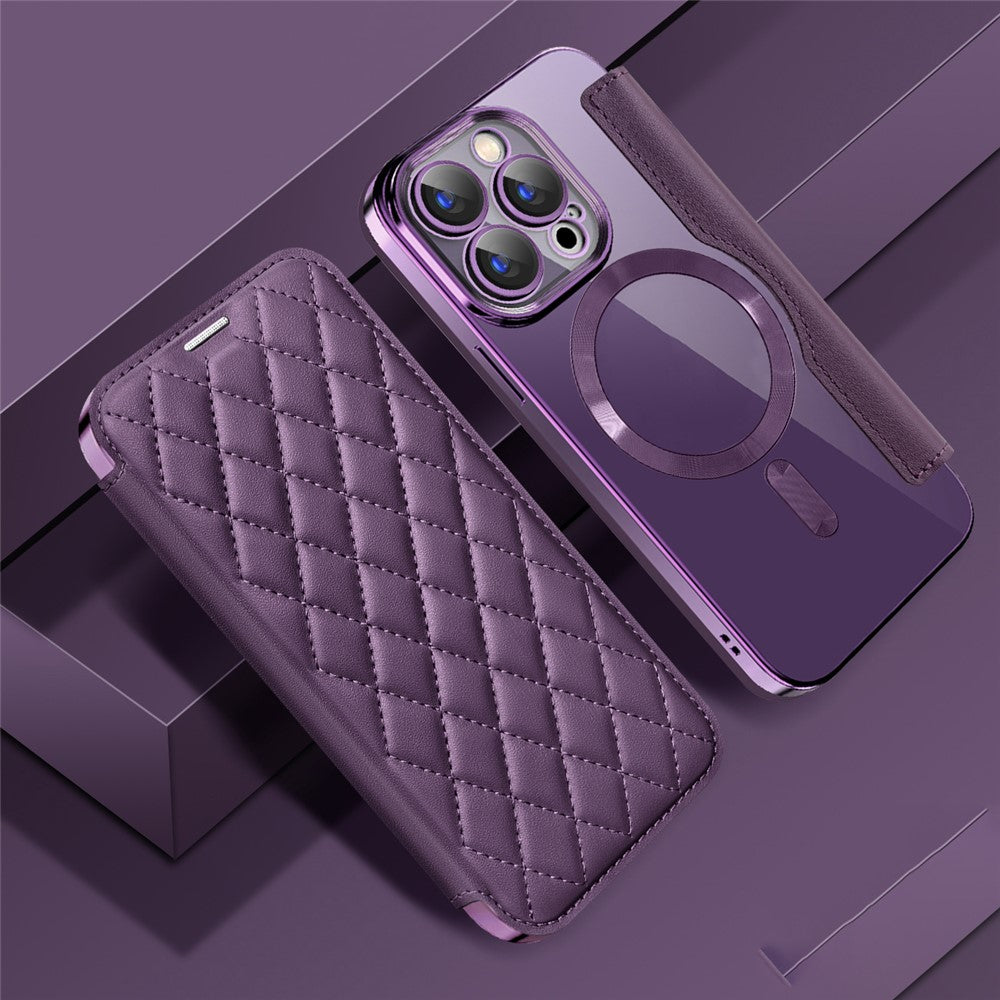 For iPhone 15 Pro RFID Blocking Built-in Lens Film Phone Case Card Holder Leather Cover Compatible with MagSafe