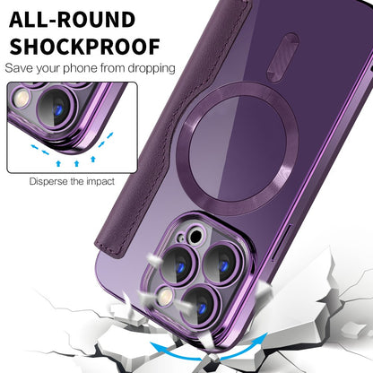 For iPhone 15 Pro RFID Blocking Built-in Lens Film Phone Case Card Holder Leather Cover Compatible with MagSafe