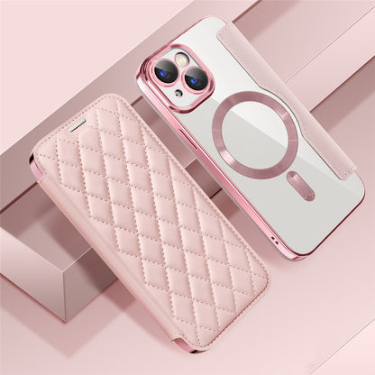 For iPhone 15 Plus Built-in Lens Film Phone Case RFID Blocking Card Slots Leather Cover Compatible with MagSafe