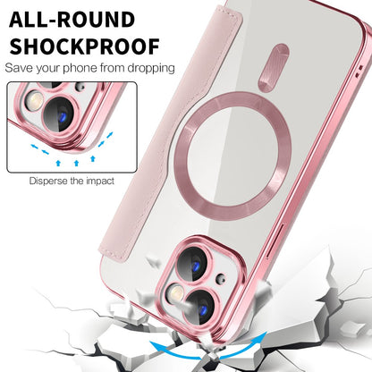 For iPhone 15 Plus Built-in Lens Film Phone Case RFID Blocking Card Slots Leather Cover Compatible with MagSafe