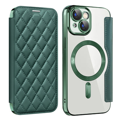 For iPhone 15 Plus Built-in Lens Film Phone Case RFID Blocking Card Slots Leather Cover Compatible with MagSafe