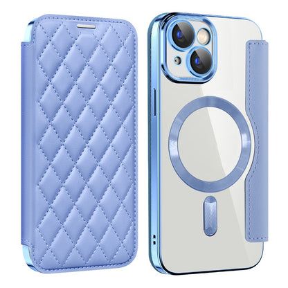 For iPhone 15 Plus Built-in Lens Film Phone Case RFID Blocking Card Slots Leather Cover Compatible with MagSafe