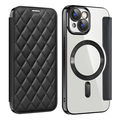 For iPhone 15 Plus Built-in Lens Film Phone Case RFID Blocking Card Slots Leather Cover Compatible with MagSafe