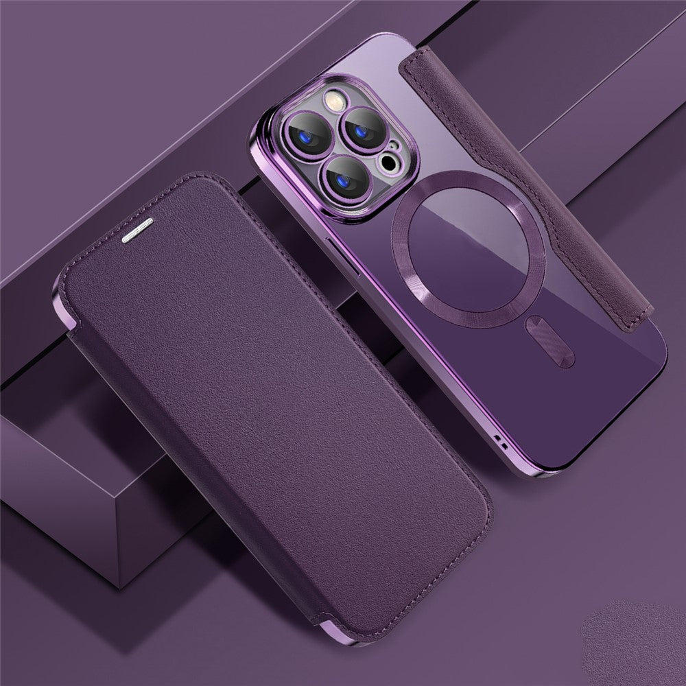 For iPhone 15 Pro RFID Blocking Card Holder Phone Cover Electroplating Leather Case Compatible with MagSafe