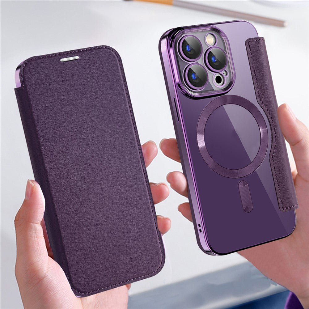 For iPhone 15 Pro RFID Blocking Card Holder Phone Cover Electroplating Leather Case Compatible with MagSafe