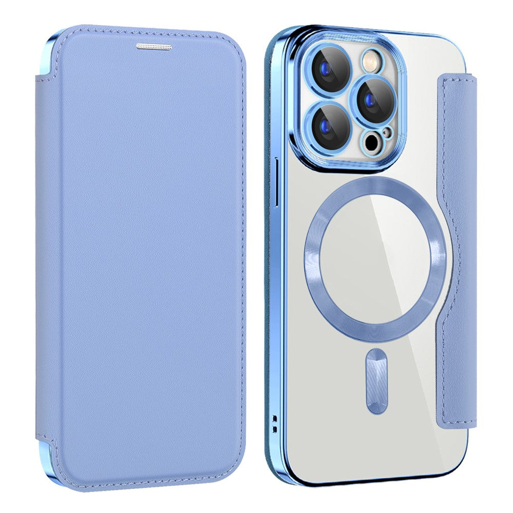 For iPhone 15 Pro RFID Blocking Card Holder Phone Cover Electroplating Leather Case Compatible with MagSafe