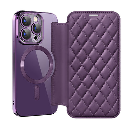 For iPhone 15 Pro Max RFID Blocking Card Holder Phone Case Built-in Lens Film Leather Shell Compatible with MagSafe