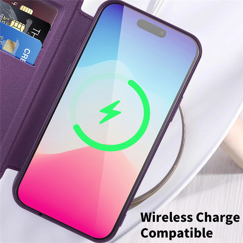 For iPhone 15 Pro Max RFID Blocking Card Holder Phone Case Built-in Lens Film Leather Shell Compatible with MagSafe
