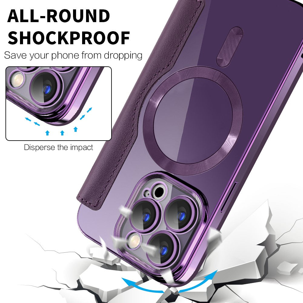 For iPhone 15 Pro Max RFID Blocking Card Holder Phone Case Built-in Lens Film Leather Shell Compatible with MagSafe