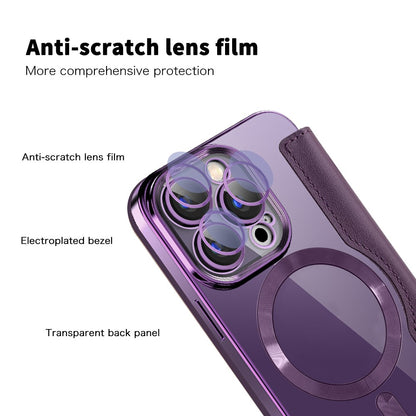 For iPhone 15 Pro Max RFID Blocking Card Holder Phone Case Built-in Lens Film Leather Shell Compatible with MagSafe