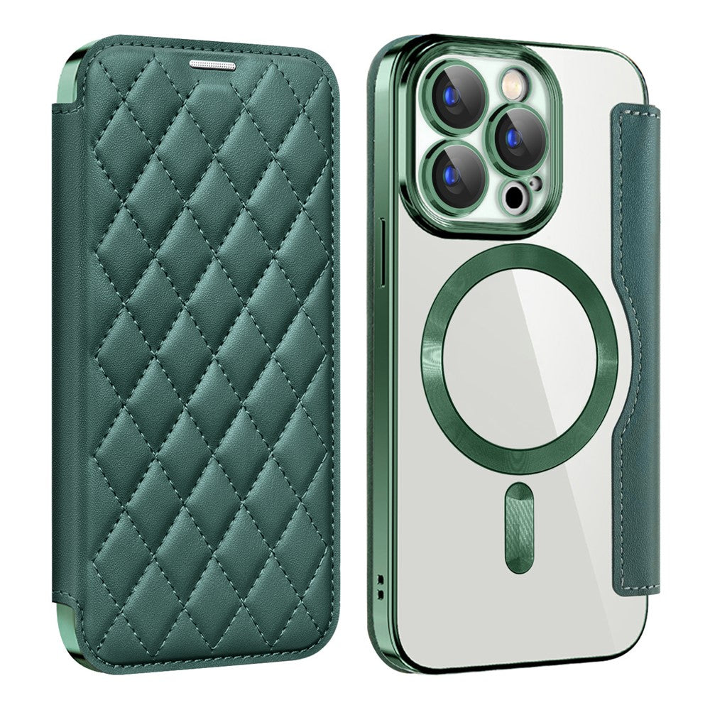 For iPhone 15 Pro Max RFID Blocking Card Holder Phone Case Built-in Lens Film Leather Shell Compatible with MagSafe