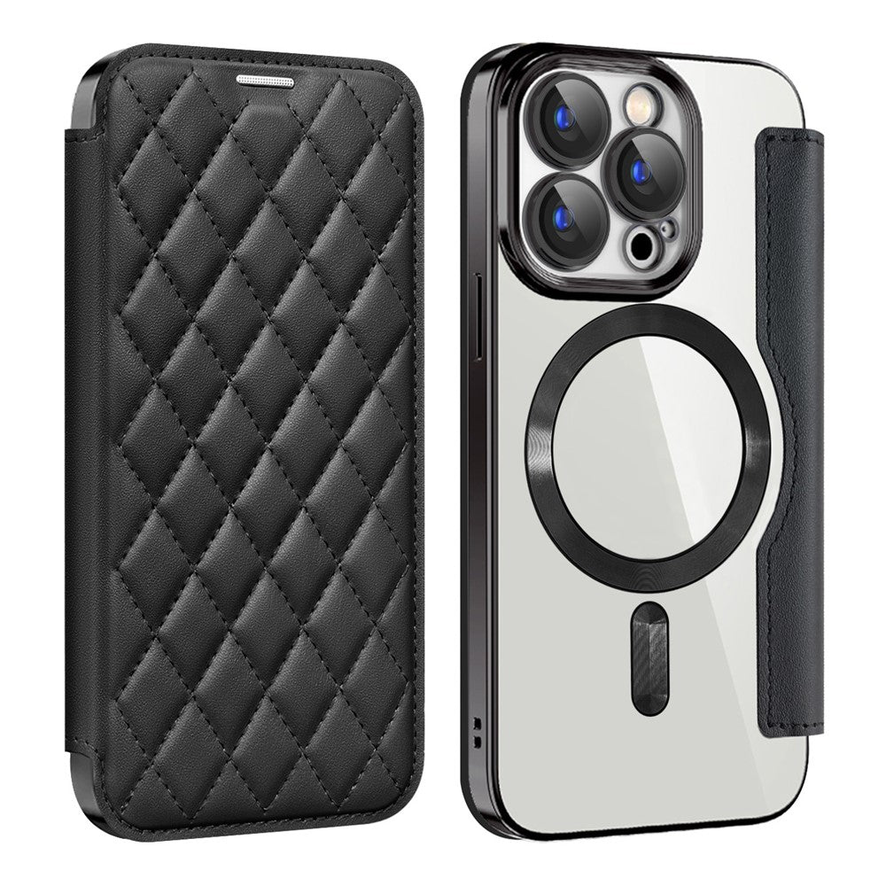 For iPhone 15 Pro Max RFID Blocking Card Holder Phone Case Built-in Lens Film Leather Shell Compatible with MagSafe