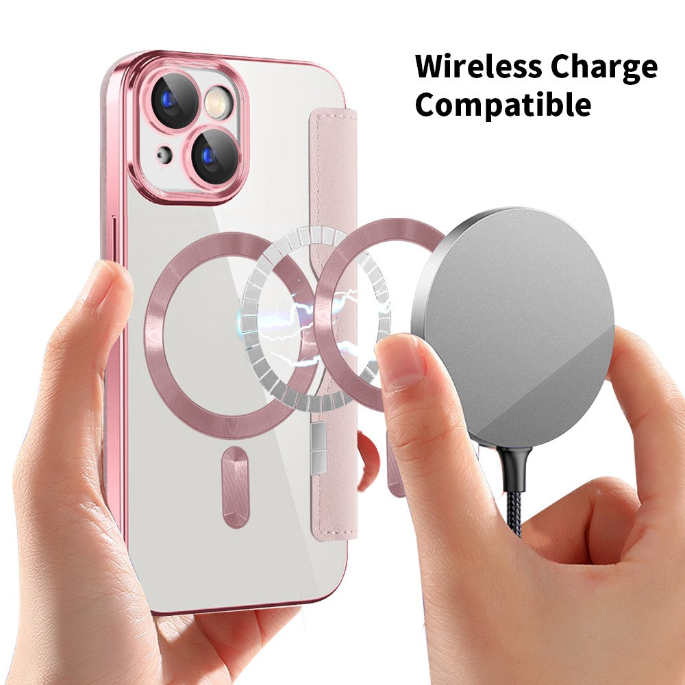 Magnetic Case Compatible with MagSafe for iPhone 15 , RFID Blocking Card Holder PU Leather Electroplating Cover