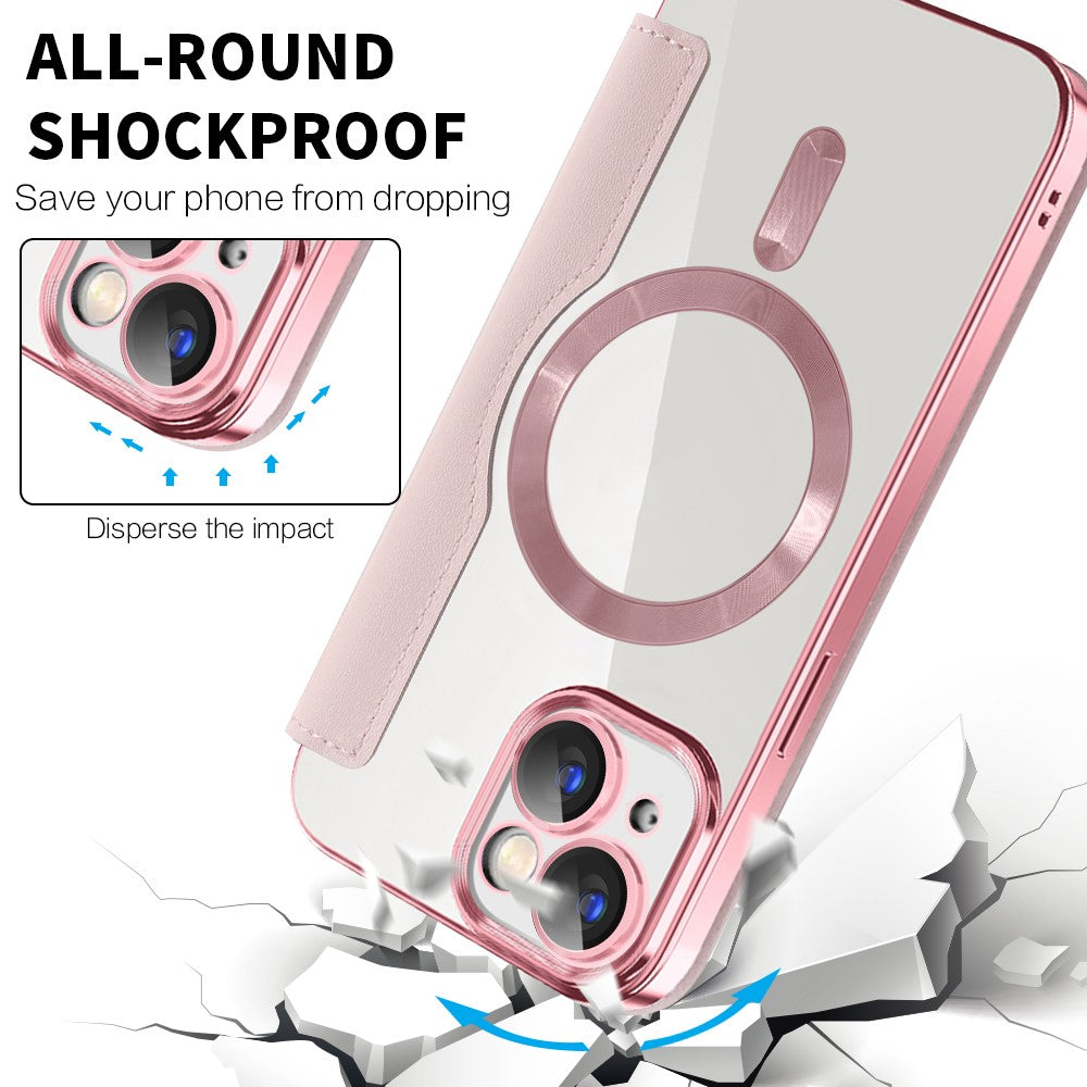 Magnetic Case Compatible with MagSafe for iPhone 15 , RFID Blocking Card Holder PU Leather Electroplating Cover