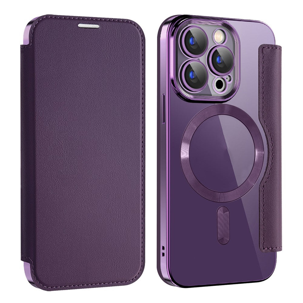 For iPhone 15 Pro Max Card Holder Phone Case RFID Blocking Electroplating Leather Cover Compatible with MagSafe