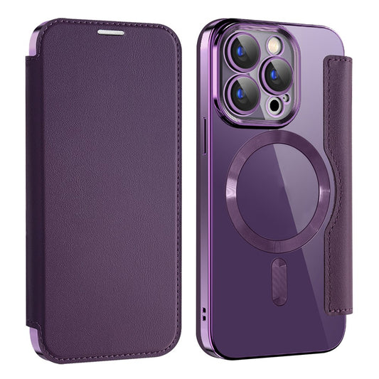 For iPhone 15 Pro Max Card Holder Phone Case RFID Blocking Electroplating Leather Cover Compatible with MagSafe
