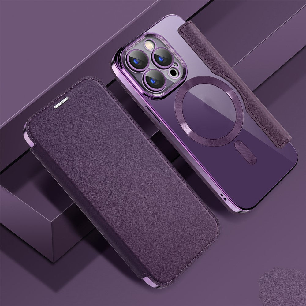 For iPhone 15 Pro Max Card Holder Phone Case RFID Blocking Electroplating Leather Cover Compatible with MagSafe