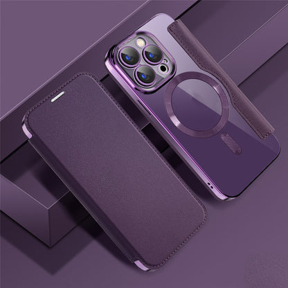 For iPhone 15 Pro Max Card Holder Phone Case RFID Blocking Electroplating Leather Cover Compatible with MagSafe