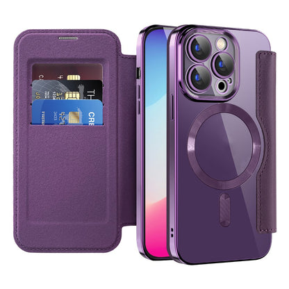 For iPhone 15 Pro Max Card Holder Phone Case RFID Blocking Electroplating Leather Cover Compatible with MagSafe