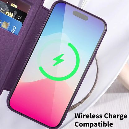 For iPhone 15 Pro Max Card Holder Phone Case RFID Blocking Electroplating Leather Cover Compatible with MagSafe