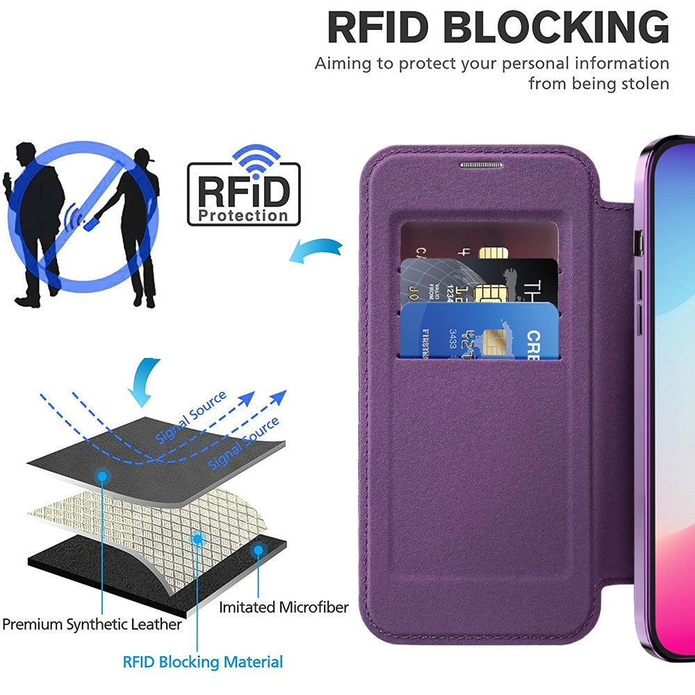 For iPhone 15 Pro Max Card Holder Phone Case RFID Blocking Electroplating Leather Cover Compatible with MagSafe