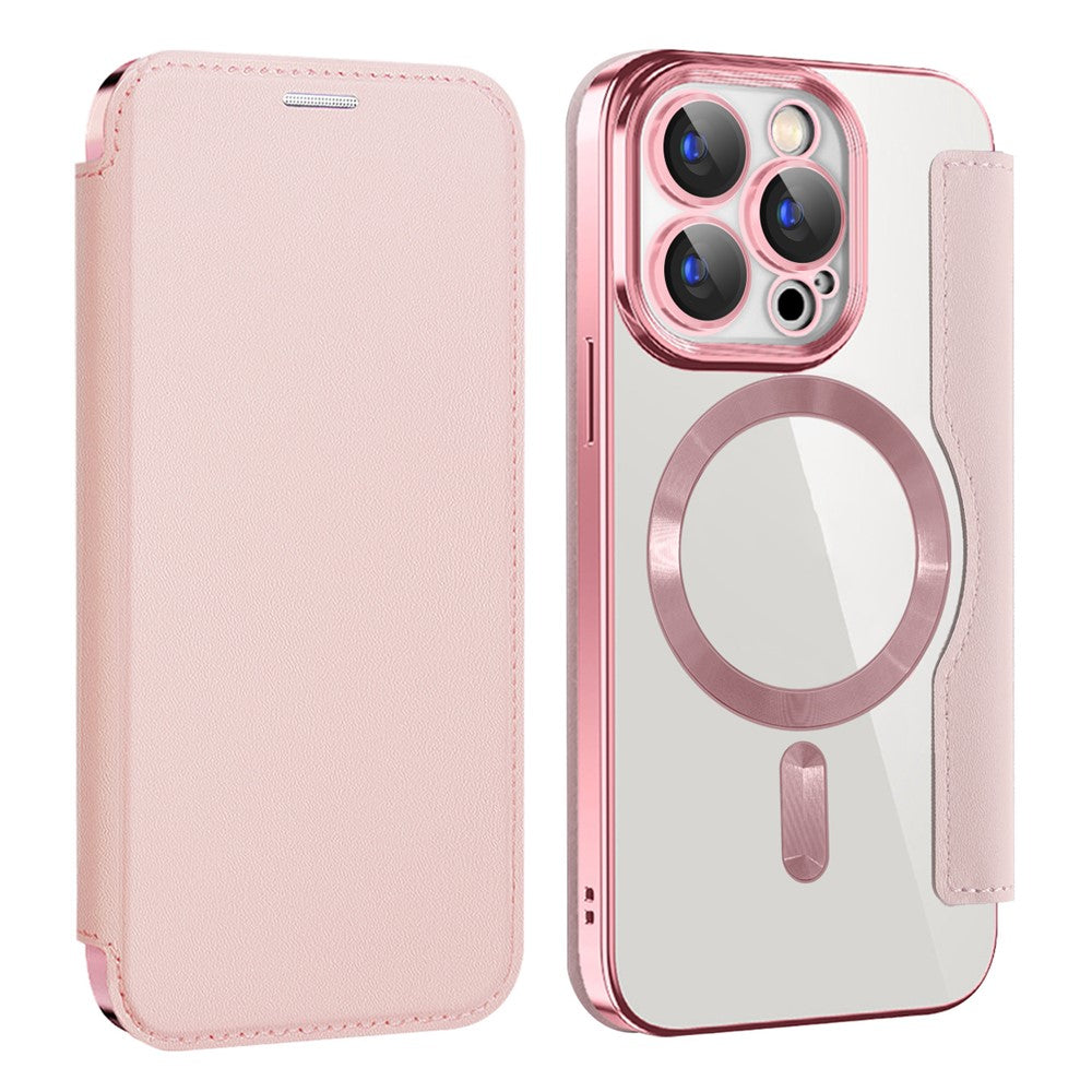 For iPhone 15 Pro Max Card Holder Phone Case RFID Blocking Electroplating Leather Cover Compatible with MagSafe