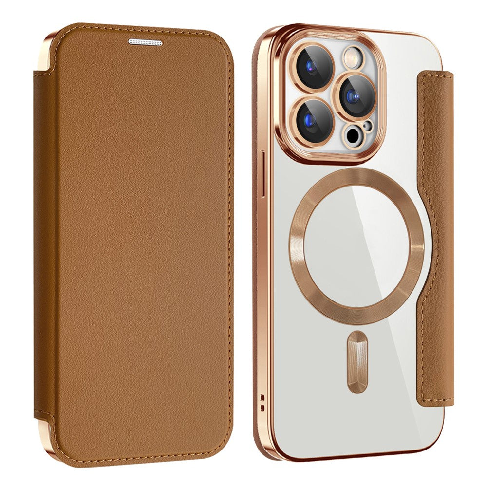 For iPhone 15 Pro Max Card Holder Phone Case RFID Blocking Electroplating Leather Cover Compatible with MagSafe