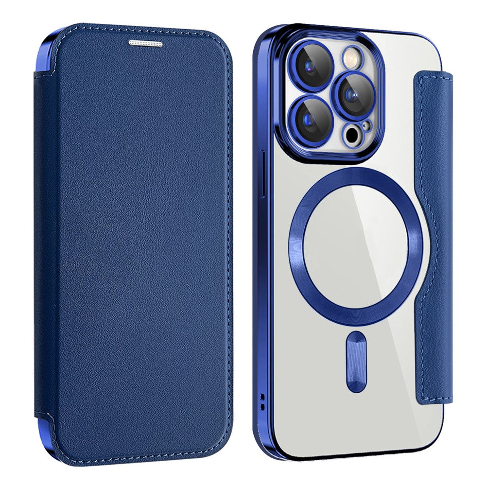 For iPhone 15 Pro Max Card Holder Phone Case RFID Blocking Electroplating Leather Cover Compatible with MagSafe