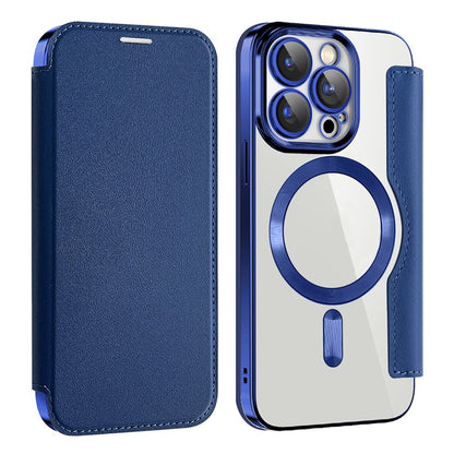 For iPhone 15 Pro Max Card Holder Phone Case RFID Blocking Electroplating Leather Cover Compatible with MagSafe