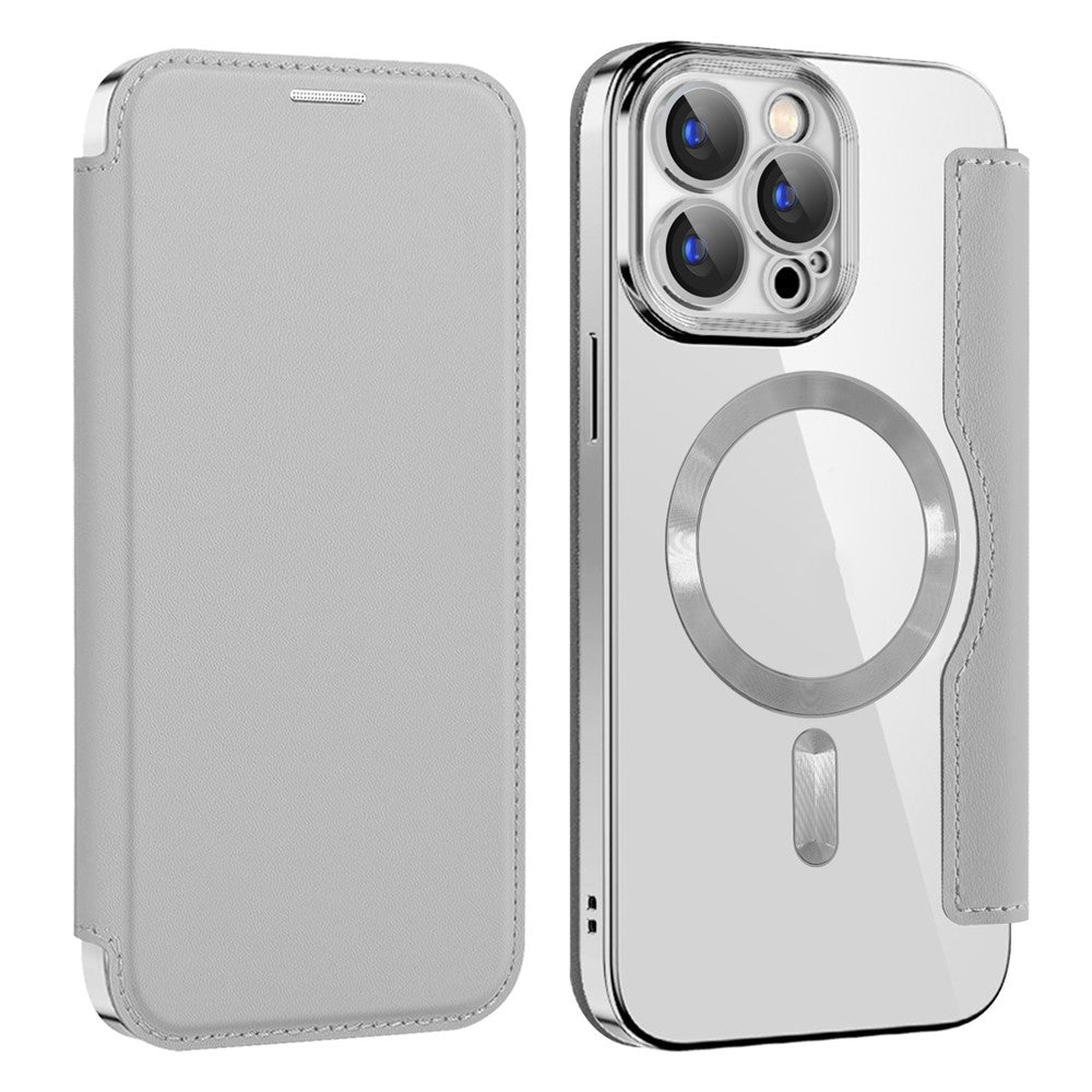 For iPhone 15 Pro Max Card Holder Phone Case RFID Blocking Electroplating Leather Cover Compatible with MagSafe