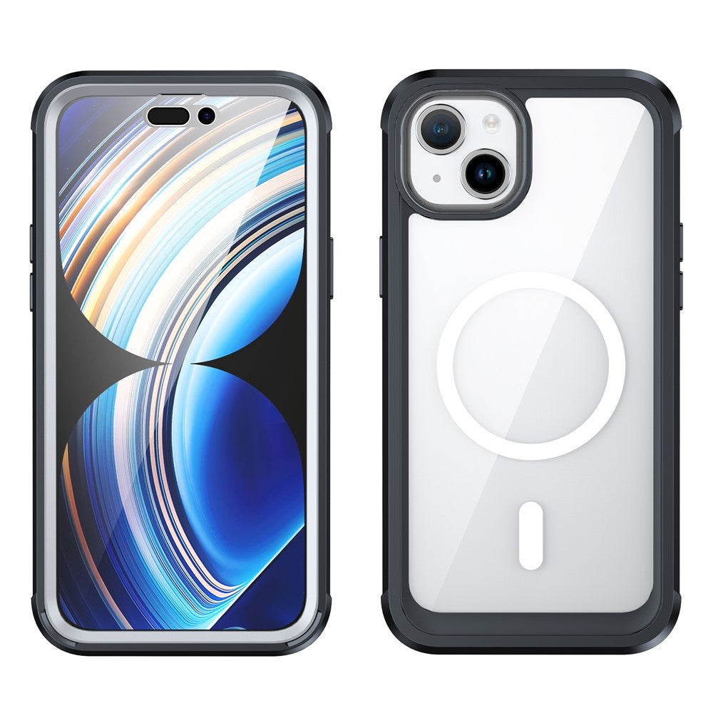 For iPhone 15 Plus Transparent Phone Case PC + TPU Cover with Tempered Glass Screen Protector