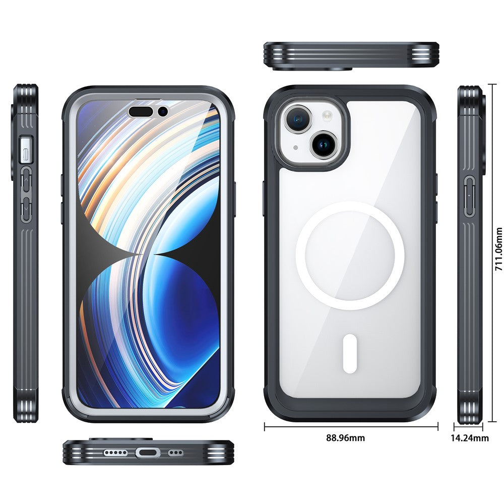 For iPhone 15 Plus Transparent Phone Case PC + TPU Cover with Tempered Glass Screen Protector