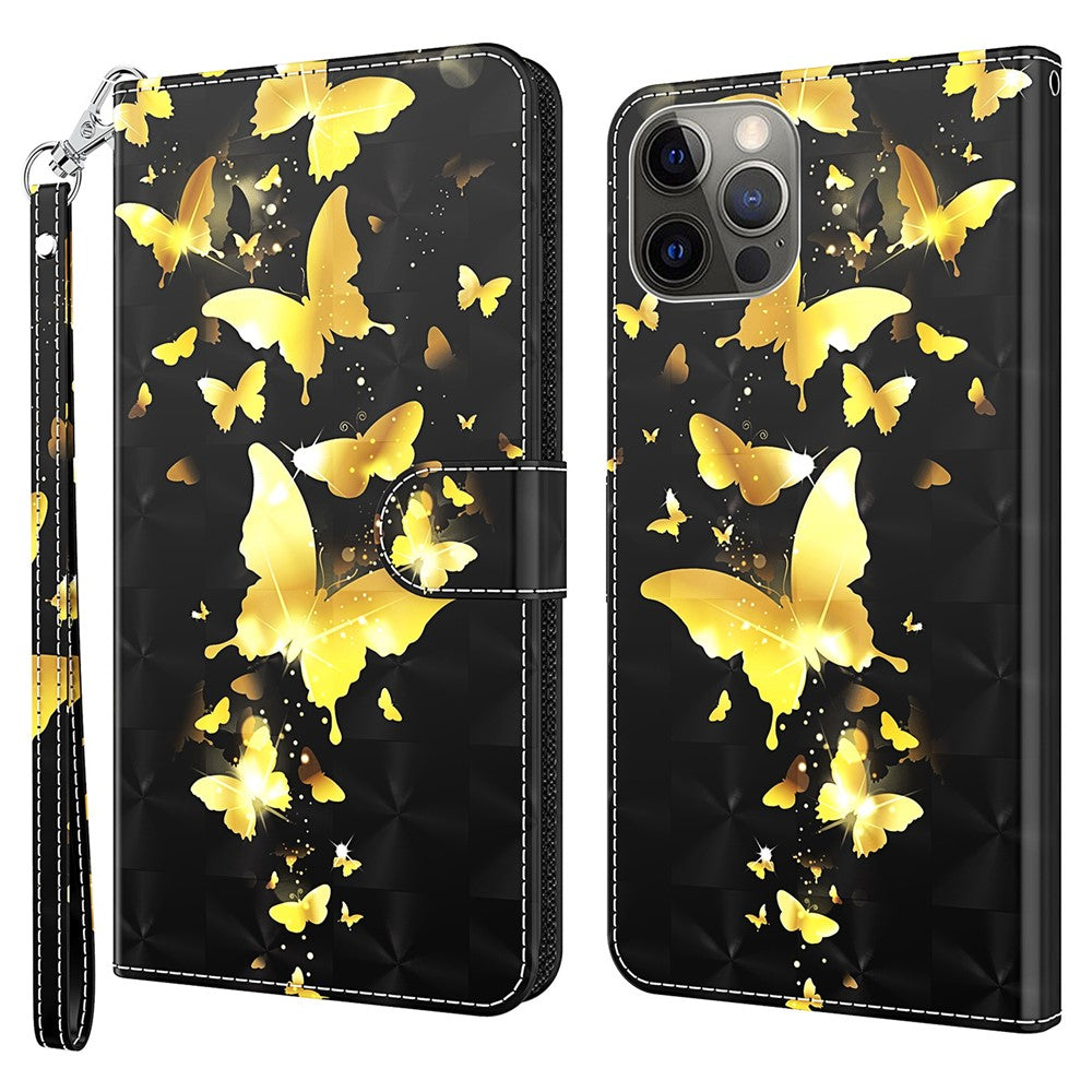 Wallet Case for iPhone 15 Pro , 3D Pattern Printing PU Leather Stand Phone Cover with Strap