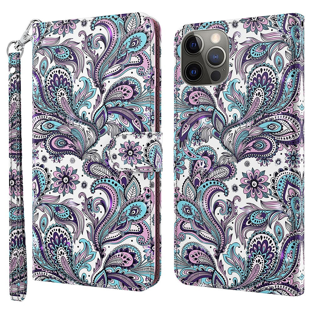 For iPhone 15 3D Pattern Printing Flip Case PU Leather Wallet Stand Phone Cover with Strap