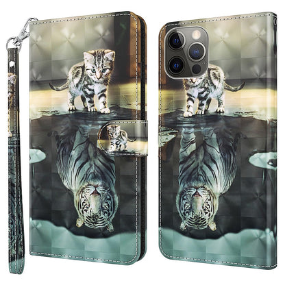 For iPhone 15 3D Pattern Printing Flip Case PU Leather Wallet Stand Phone Cover with Strap