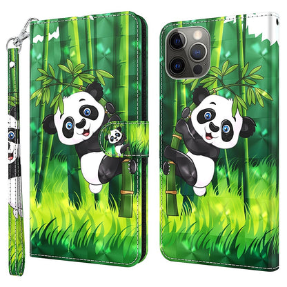 For iPhone 15 3D Pattern Printing Flip Case PU Leather Wallet Stand Phone Cover with Strap
