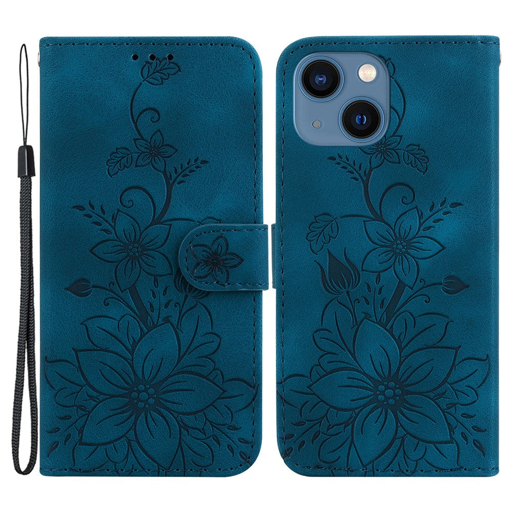 For iPhone 15 Imprinted Lily Flower Case PU Leather Folio Flip Wallet Stand Shell