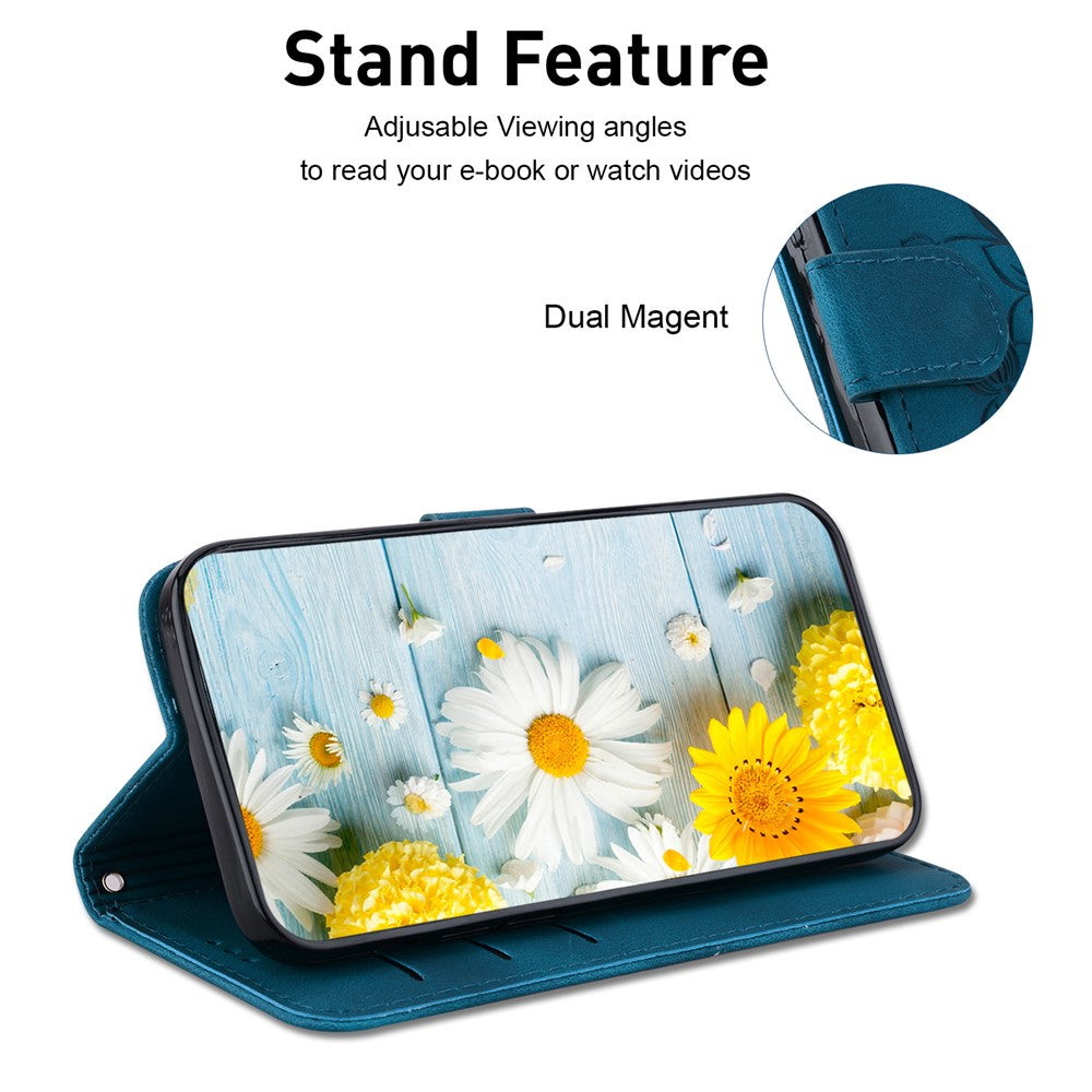 For iPhone 15 Imprinted Lily Flower Case PU Leather Folio Flip Wallet Stand Shell