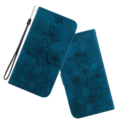 For iPhone 15 Imprinted Lily Flower Case PU Leather Folio Flip Wallet Stand Shell