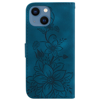 For iPhone 15 Imprinted Lily Flower Case PU Leather Folio Flip Wallet Stand Shell