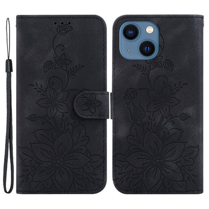 For iPhone 15 Imprinted Lily Flower Case PU Leather Folio Flip Wallet Stand Shell